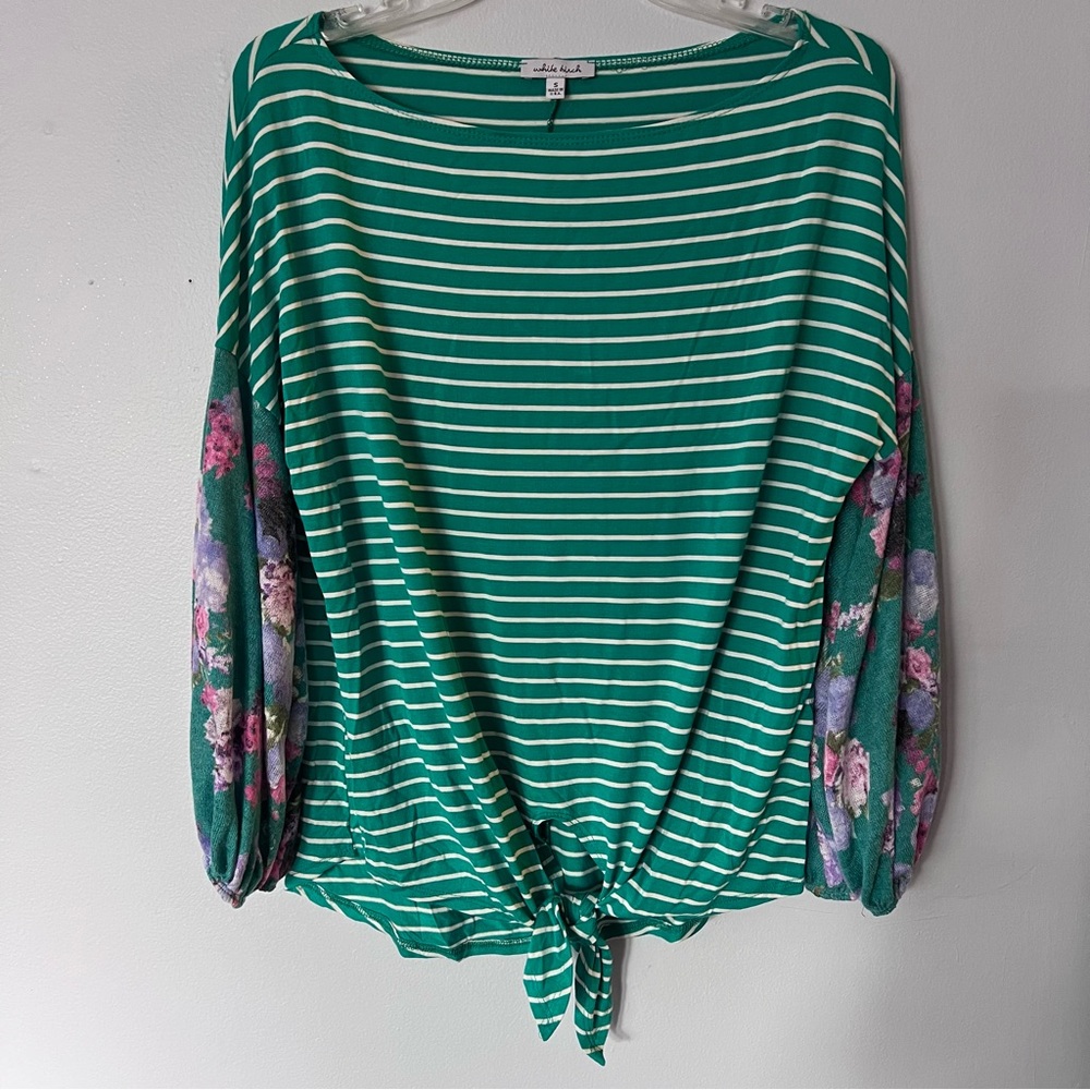 White Birch Green and White Blouse with Tie Front